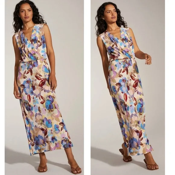 Favorite Daughter The Nita Floral Sleeveless Blouson Pleated V neck Maxi Dress